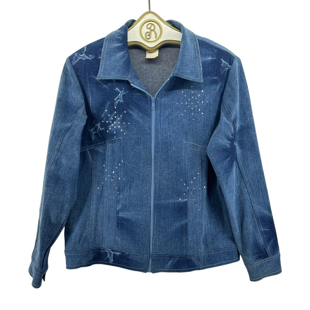 Vintage 90s Denim Jacket Women Medium Rhinestone Stars Retro Cowgirl Western